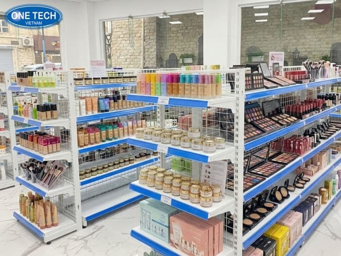 Giá kệ trưng bày mỹ phẩm đẹp lưng tôn liền 