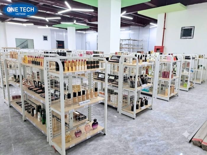 Kệ khung sắt mâm gỗ cho cửa hàng mỹ phẩm tự nhiên