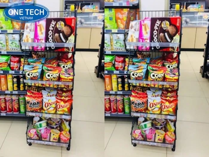 Kệ giỏ mì để đồ ăn vặt siêu thị