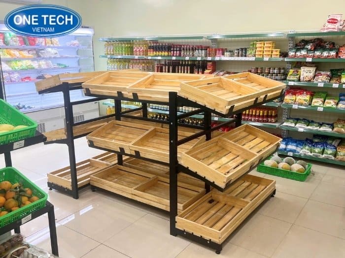 Kệ rau củ bằng gỗ cho siêu thị