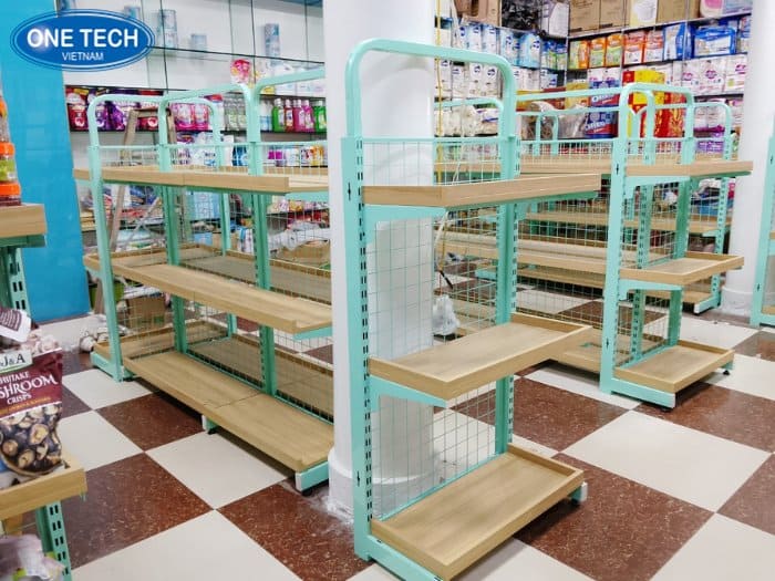 Kệ khung sắt mặt gỗ cho cửa hàng cao cấp