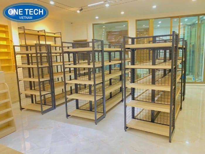 Kệ mặt gỗ khung sắt góc vuông