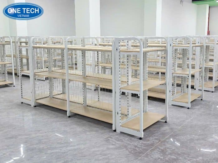 Kệ siêu thị tại Đà Nẵng khung sắt mặt gỗ