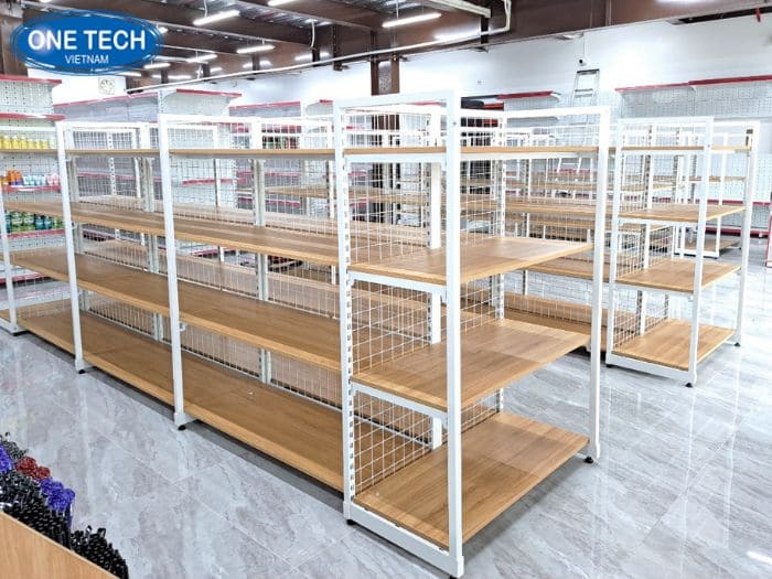 Kệ siêu thị khung sắt mặt gỗ cho siêu thị cao cấp