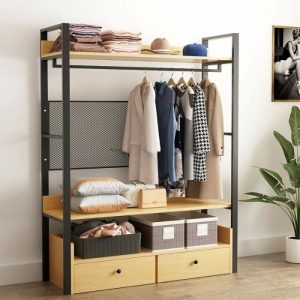 Kệ khung sắt phối ngăn tủ gỗ tiện lợi cho shop thời trang