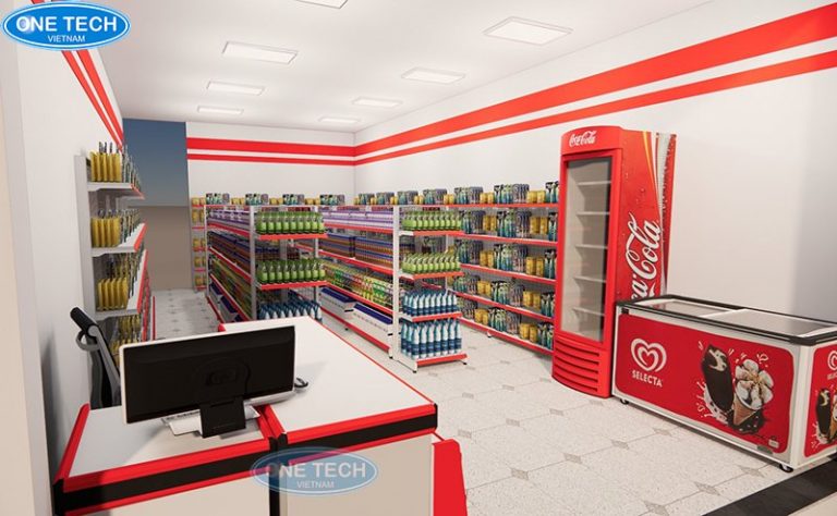 Mô hình 3D do One Tech Group thiết kế siêu thị mini phù hợp cho không gian mặt bằng của khách hàng
