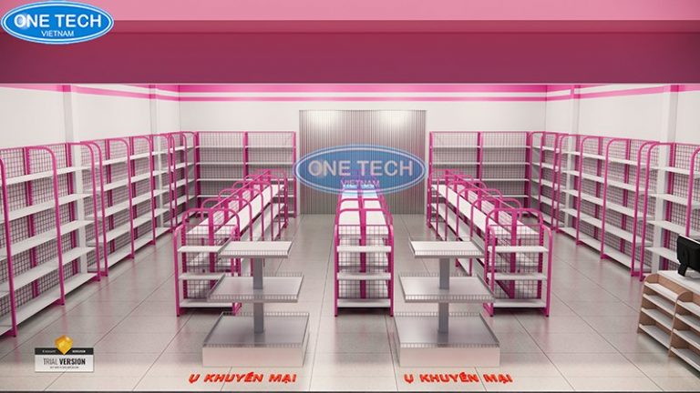 Setup giá kệ siêu thị với tone màu hồng làm chủ đạo 