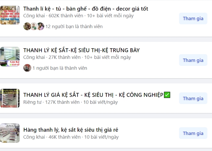 Mua kệ trưng bày thanh lý trên các nhóm facebook