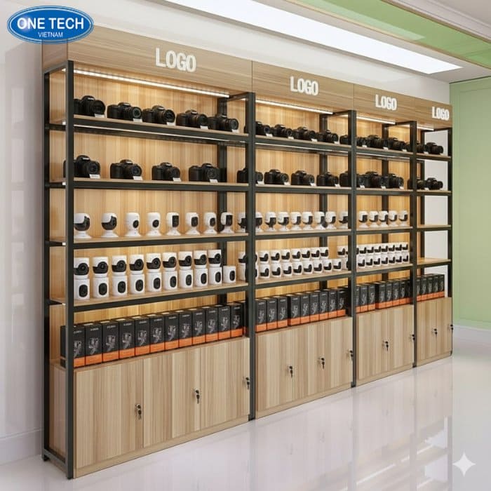 Giá kệ trưng bày camera kèm tủ tiện lợi