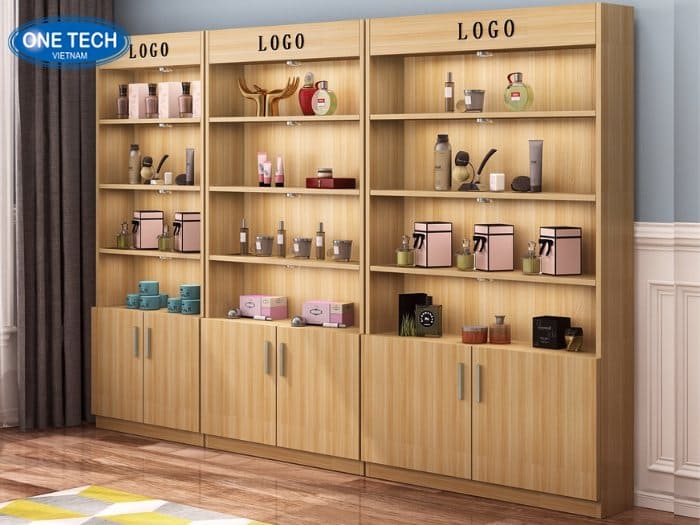 Kệ trưng bày sản phẩm bằng gỗ kèm tủ
