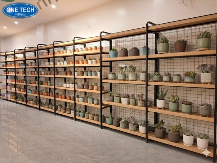 Kệ trưng bày sen đá khung sắt mặt gỗ