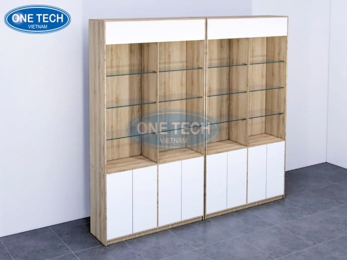 Kệ tủ gỗ siêu thị phối mặt kính