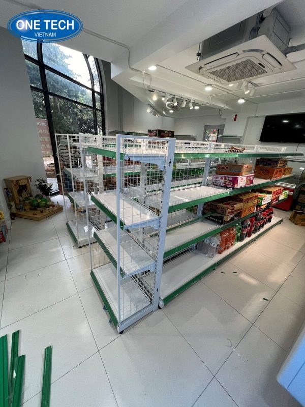 Kệ siêu thị đơn lưng lưới 4 tầng bền đẹp giá rẻ