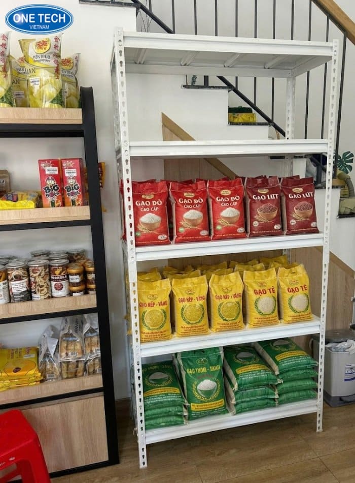 Kệ V cài chắc chắn phù hợp trưng bày bao gạo lớn