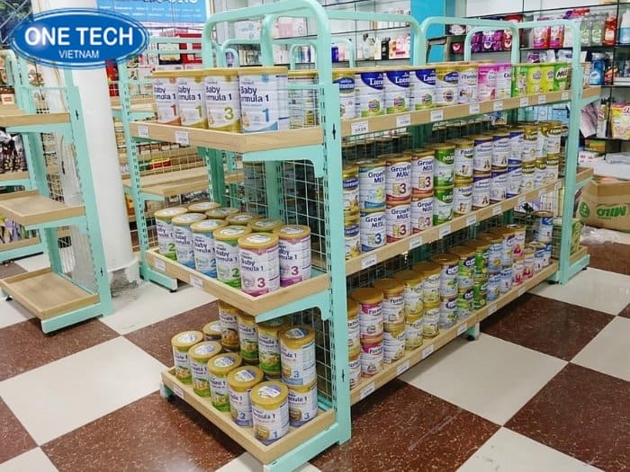 Kệ khung sắt mặt gỗ cao cấp cho cửa hàng sữa