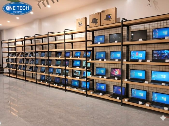 Kệ khung sắt mặt gỗ trưng bày máy tính