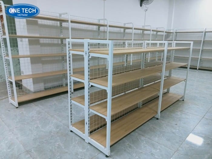 Kệ gỗ khung sắt trưng bày đồ điện