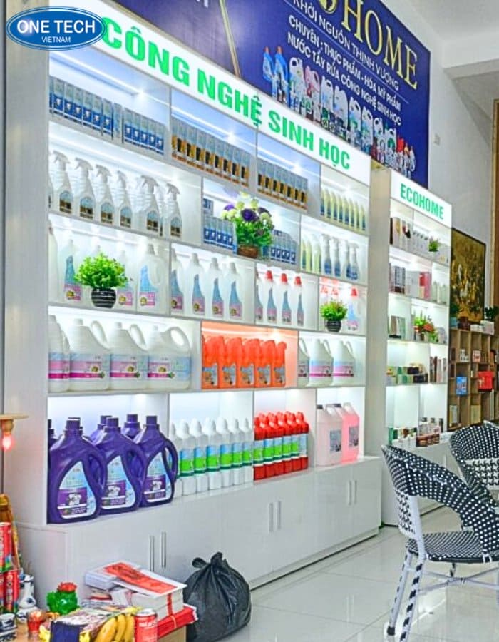 Kệ bày hàng nước giặt có gắn đèn LED chiếu sáng