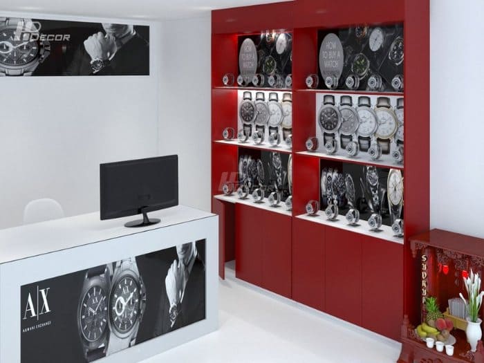 Kệ gỗ trưng bày đồng hồ màu đỏ rượu