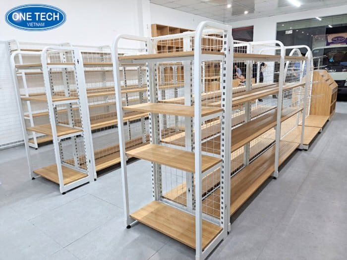 Kệ sắt mặt gỗ khung bo góc