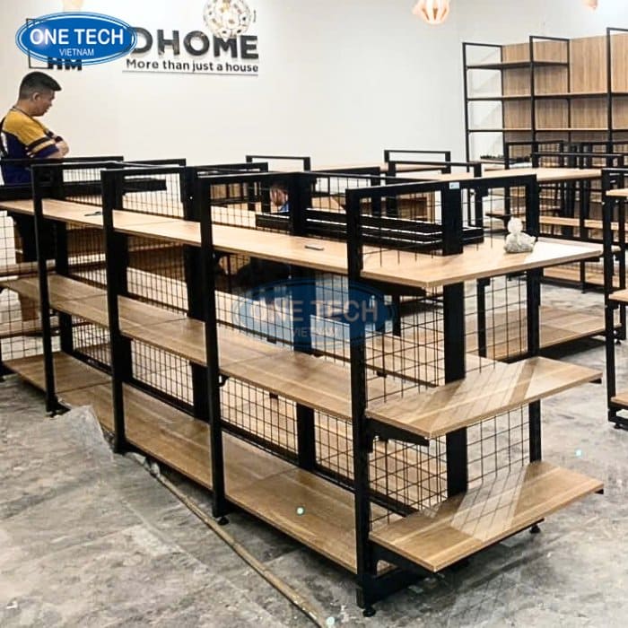 Kệ siêu thị khung sắt mặt gỗ 3 tầng đẹp