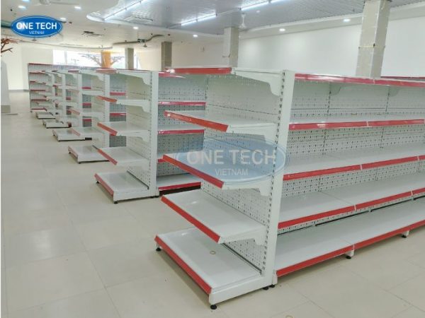 Kệ siêu thị đôi tôn đục lỗ 5 tầng One Tech Group màu trắng sữa