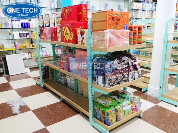 Kệ giữa nhà khung sắt mặt gỗ