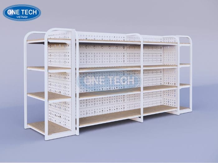 Kệ gỗ khung sắt trưng bày trong cửa hàng 