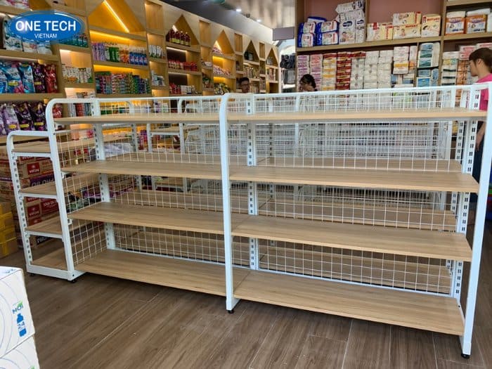 Kệ trưng bày kim khí sắt phối gỗ cao cấp
