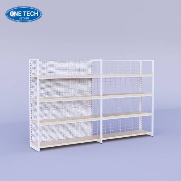 Kệ gỗ khung sắt phối lưng lưới và lưng tôn