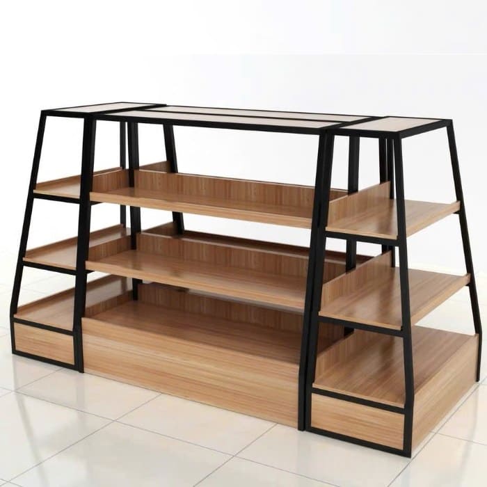 Kệ gỗ giữa không gian 4 mặt sử dụng khung sắt đen