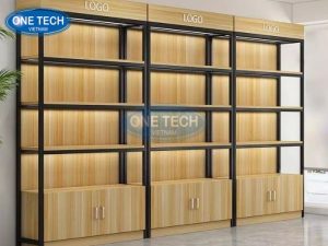 Kệ gỗ khung sắt gắn đèn LED