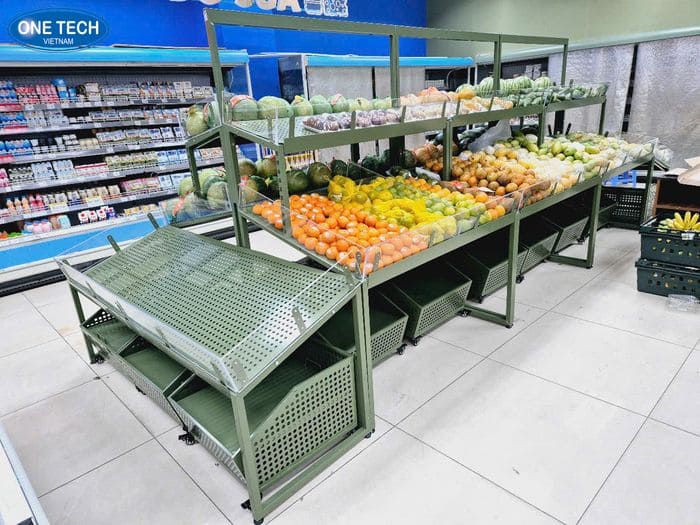 Kệ rau siêu thị màu xanh lá cây