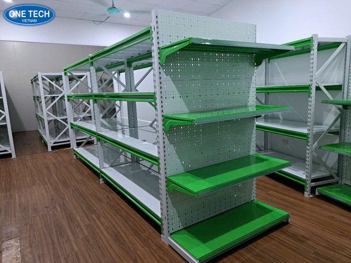 Đầu kệ siêu thị màu xanh tôn đục lỗ