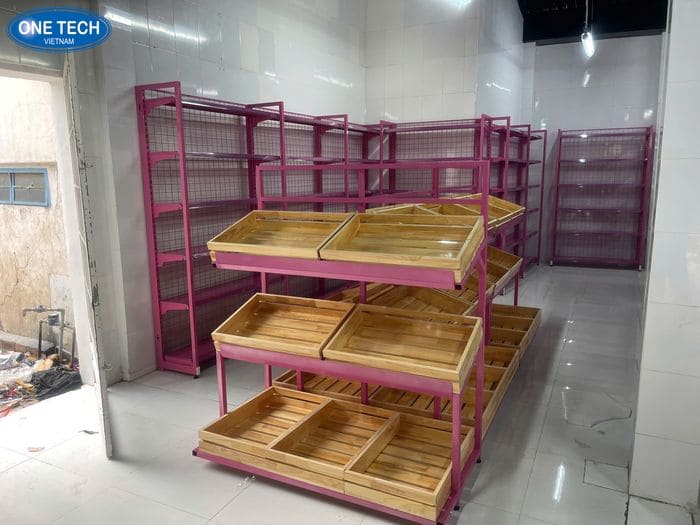 Kệ rau củ quả khay gỗ thanh lý