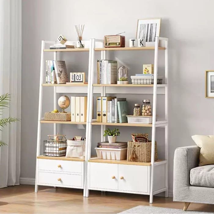 Kệ sắt trang trí phòng khách màu trắng phối tủ