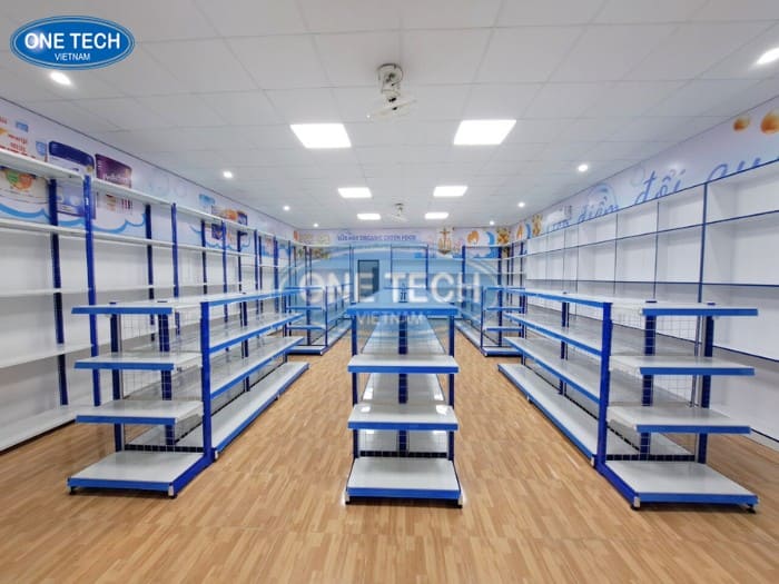 Kệ trưng bày bằng săt màu trắng phối xanh 01