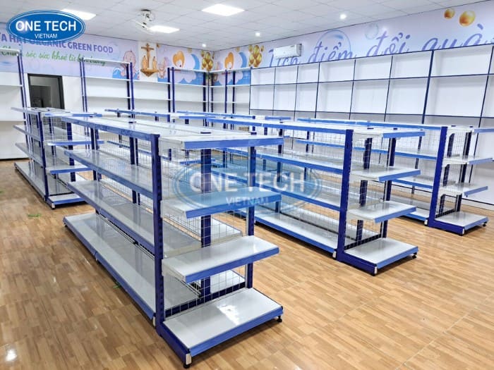Kệ trưng bày bằng săt màu trắng phối xanh 03