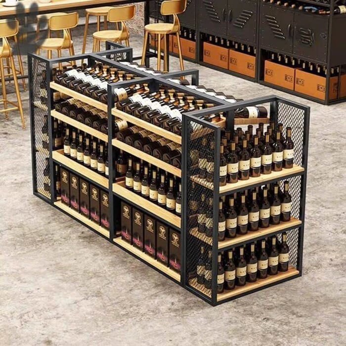Kệ để rượu vang khung sắt phối lưới và mặt gỗ bền bỉ
