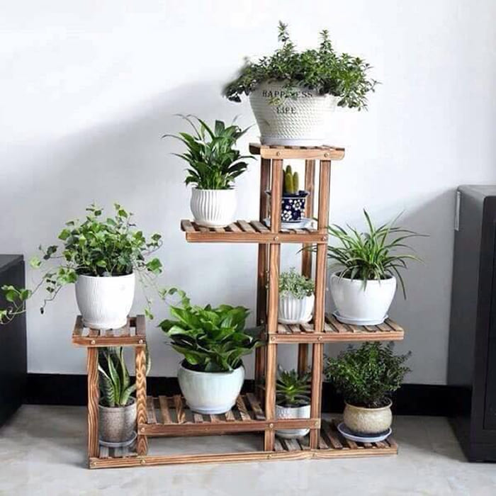 Kệ gỗ để chậu cây cảnh trong nhà bất đối xứng 02