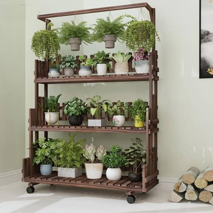 Kệ gỗ kích thước lớn để cây cảnh có bánh xe 01