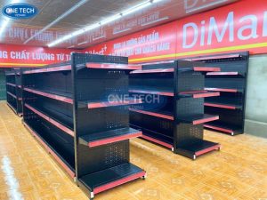 Kệ siêu thị màu đen lưng tôn đục lỗ cho siêu thị mini Dimart