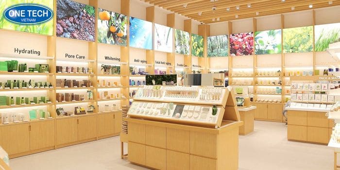 Kệ gỗ trưng bày cho cửa hàng mỹ phẩm