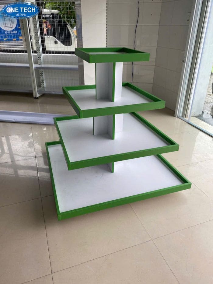 Kệ quảng cáo siêu thị màu xanh trắng