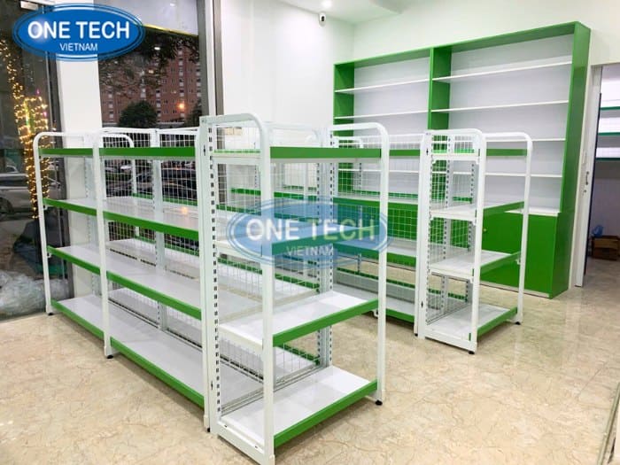 Kệ siêu thị lưng lưới riềm mica xanh