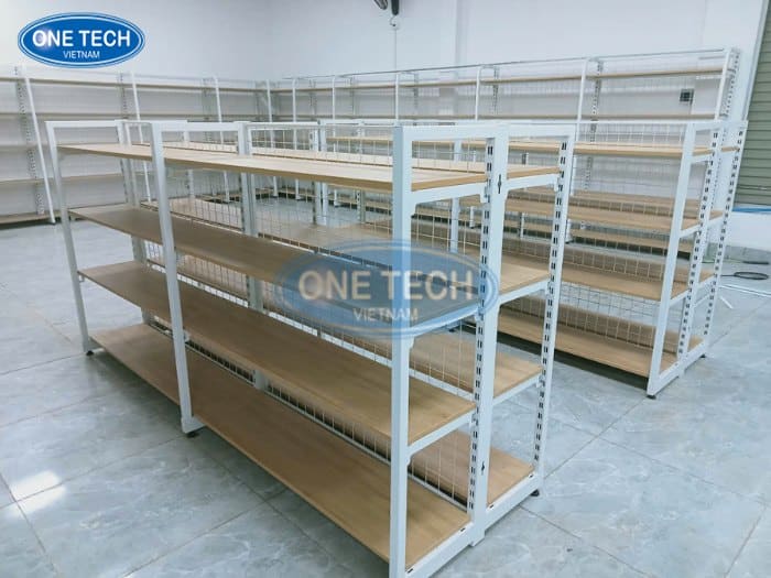 Kệ siêu thị gỗ khung sắt