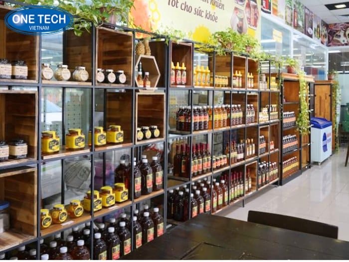 Kệ khuyng sắt mặt gỗ trưng bày mật ong