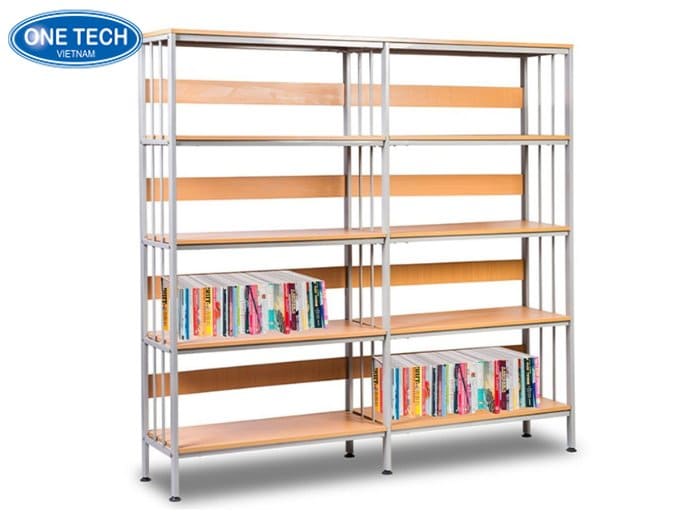 Kệ sách thư viện trường học khung sắt mặt gỗ