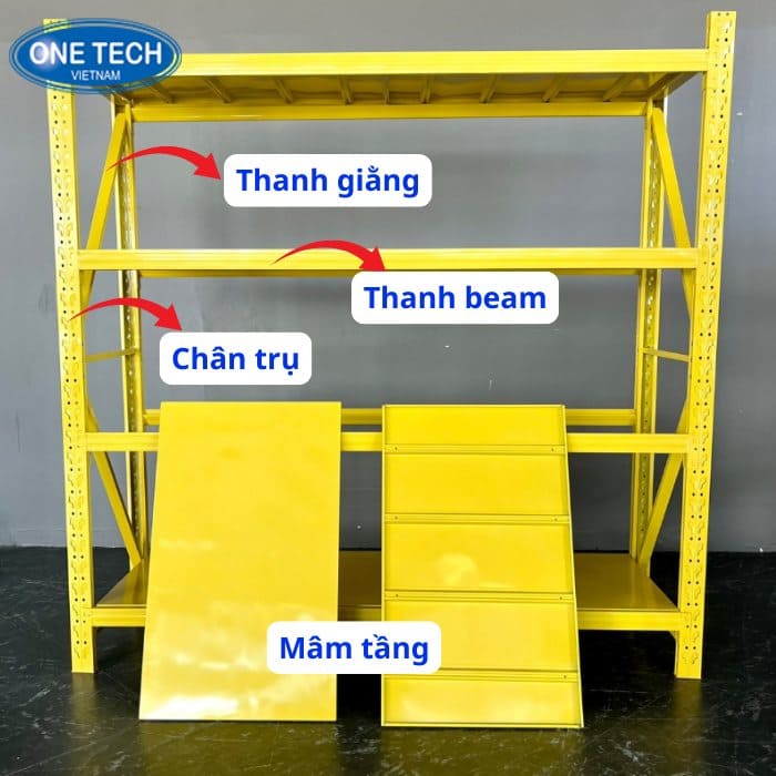 Cấu tạo kệ kho trung tải màu vàng