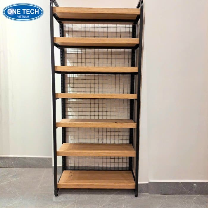 Kệ siêu thị sắt mặt gỗ mini